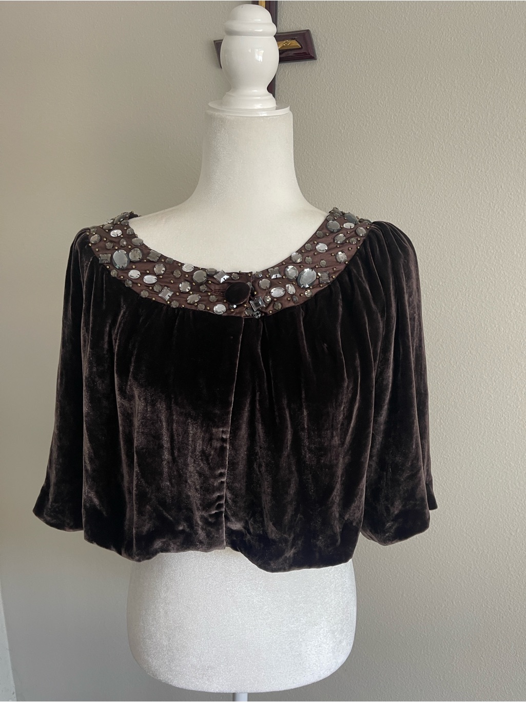 Embellished Chocolate Velvet Capelet Shrug